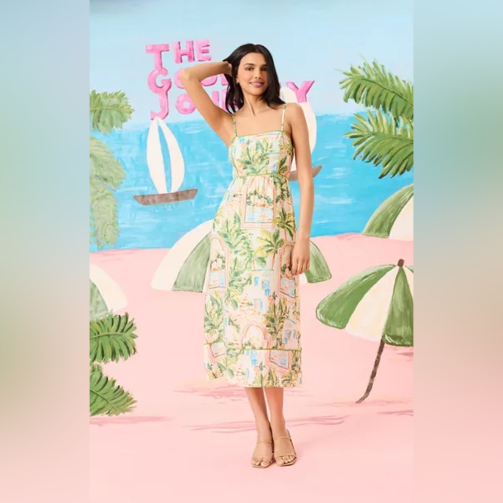 NET The Good Journey Women's Piping-Trim Postcard-Print Midi Rayon Dress Size 6